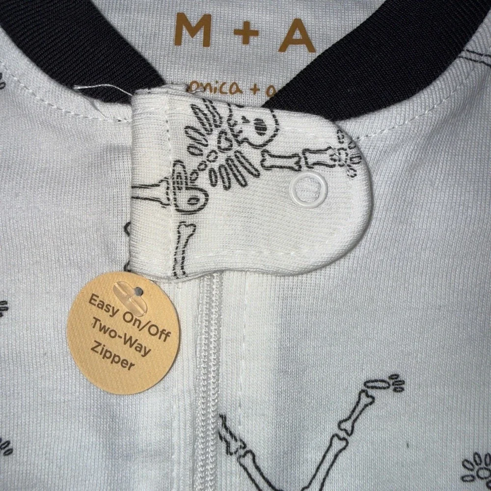 Monica+Andy Coverall Bib Set Kids 9-12M New Skeleton Organic Cotton White Black
